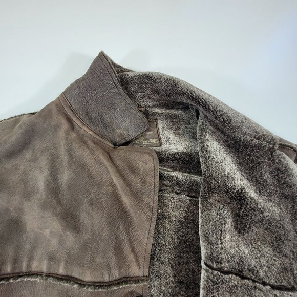 Men's Guess Leather Frontier Sherpa Fleece Lined Jacket Coat Sz Large Brown READ - Picture 14 of 16